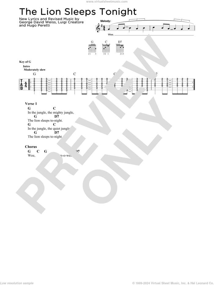 The Lion Sleeps Tonight sheet music for guitar solo (chart) by Tokens, George David Weiss, Hugo Peretti and Luigi Creatore, easy guitar (chart)