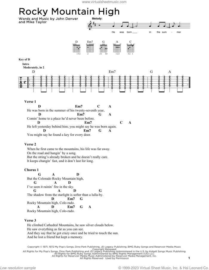 Rocky Mountain High sheet music for guitar solo by John Denver and Mike Taylor, intermediate skill level