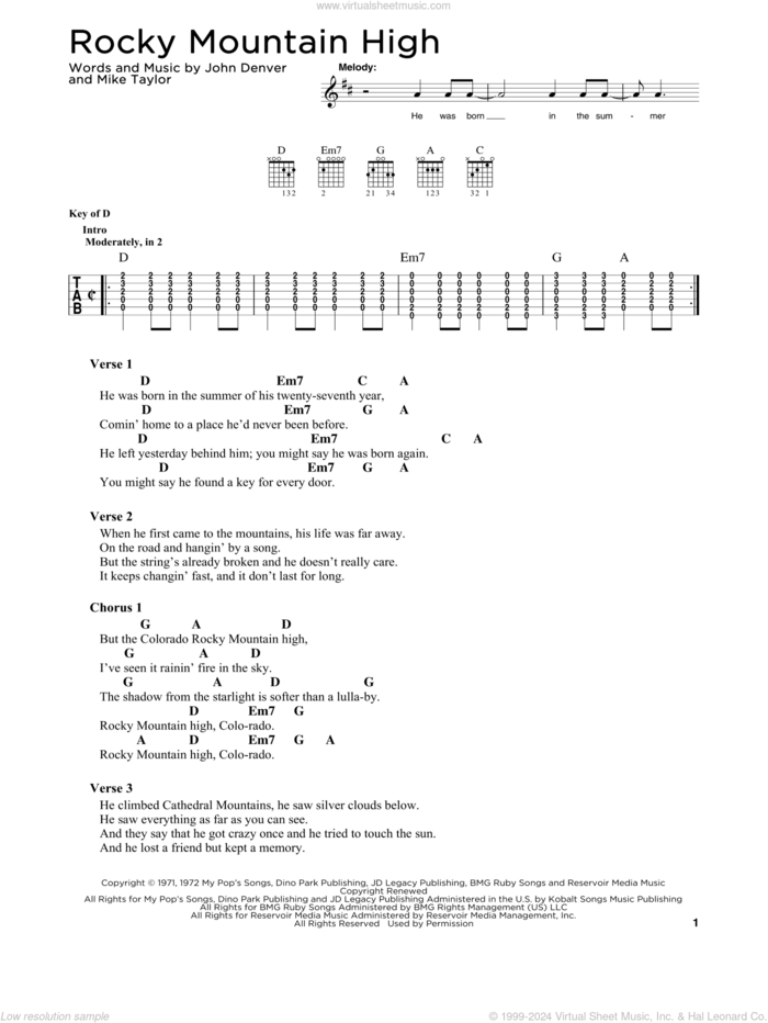 Rocky Mountain High sheet music for guitar solo by John Denver and Mike Taylor, intermediate skill level