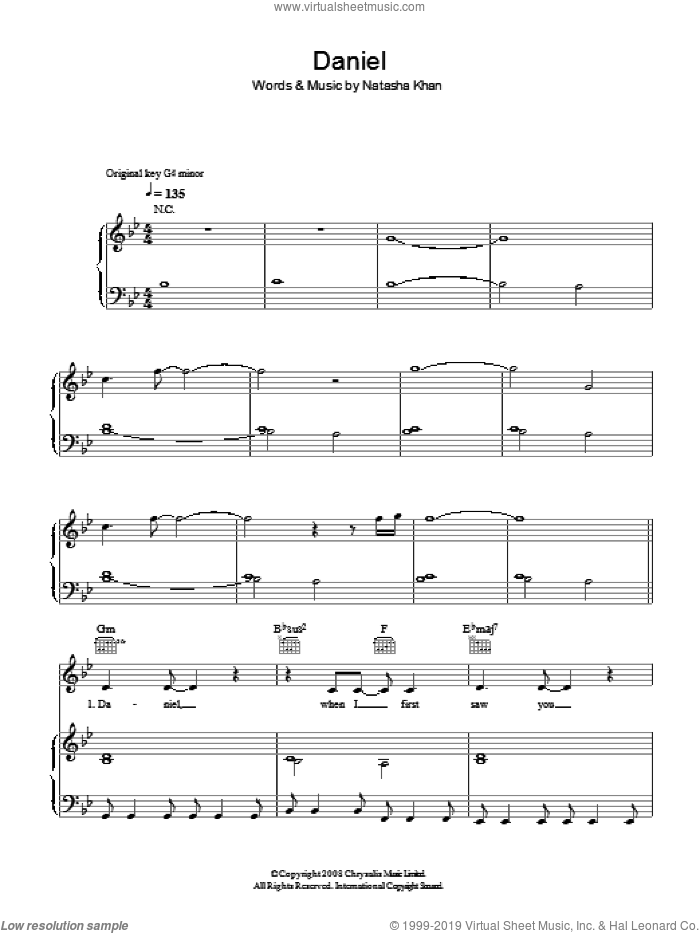 Daniel sheet music for voice, piano or guitar by Bat For Lashes and Natasha Khan, intermediate skill level