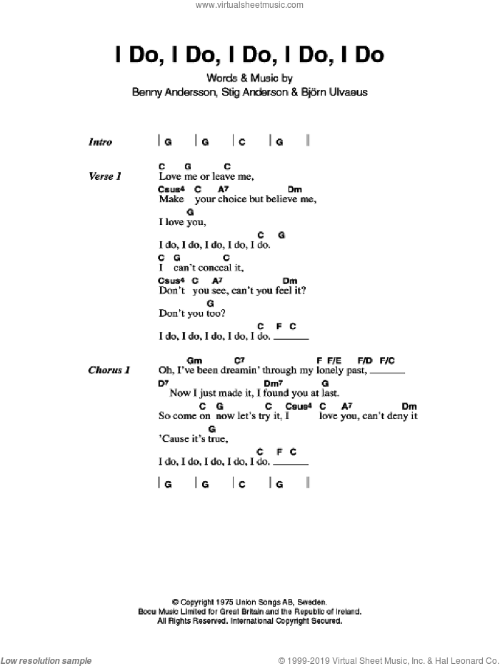 I Do, I Do, I Do, I Do, I Do sheet music for guitar (chords) by ABBA, Benny Andersson, Bjorn Ulvaeus and Stig Anderson, intermediate skill level