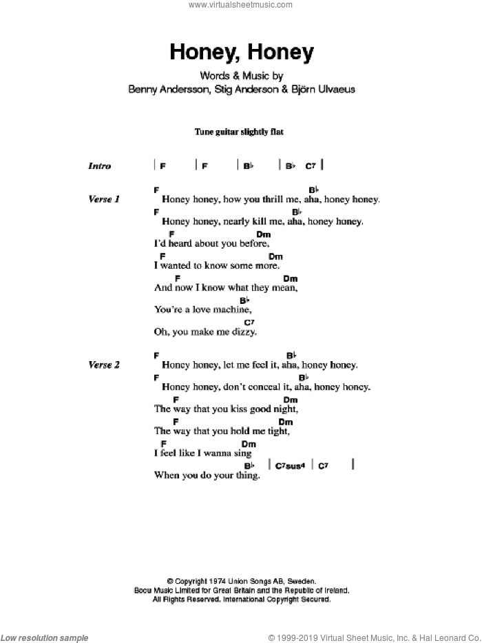 Honey, Honey sheet music for guitar (chords) by ABBA, Benny Andersson, Bjorn Ulvaeus, Miscellaneous and Stig Anderson, intermediate skill level