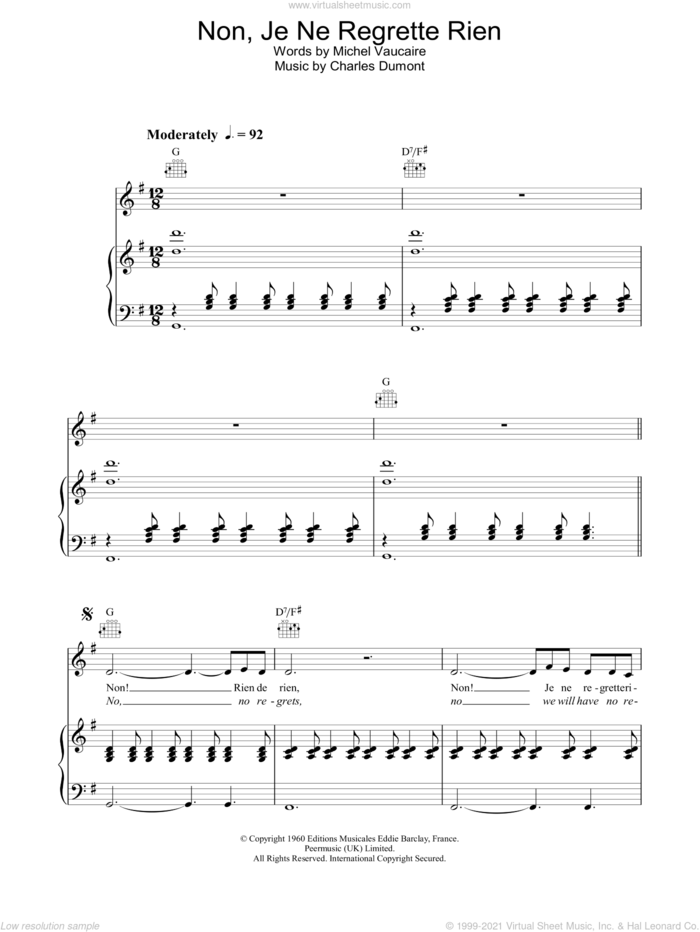 Non, Je Ne Regrette Rien sheet music for voice, piano or guitar by Edith Piaf, intermediate skill level