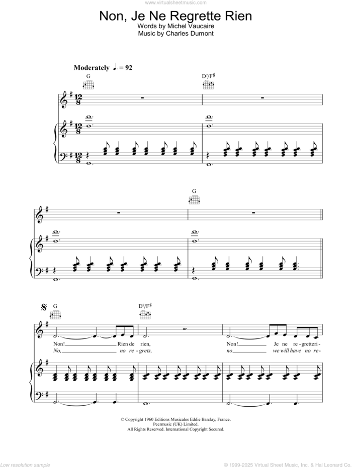 Non, Je Ne Regrette Rien sheet music for voice, piano or guitar by Edith Piaf, intermediate skill level