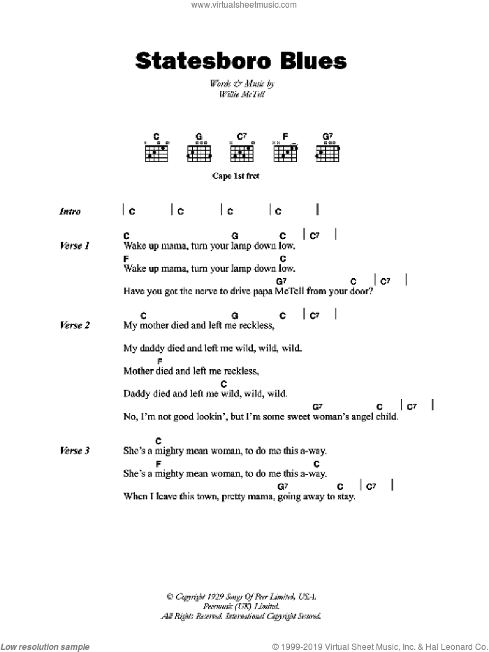 Statesboro Blues sheet music for guitar (chords) by Blind Willie McTell and Willie McTell, intermediate skill level