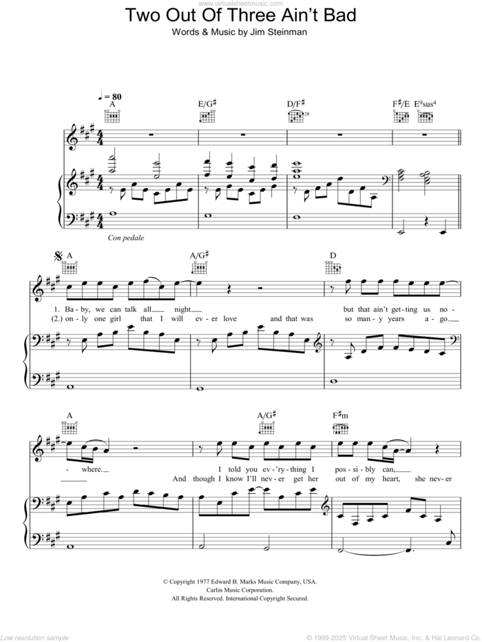 Two Out Of Three Ain't Bad sheet music for voice, piano or guitar by Meat Loaf and Jim Steinman, intermediate skill level