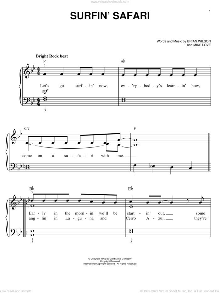 Surfin' Safari sheet music for piano solo by The Beach Boys, Brian Wilson and Mike Love, easy skill level