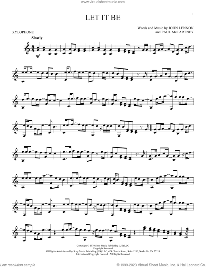Let It Be sheet music for Xylophone Solo (xilofone, xilofono, silofono) by The Beatles, John Lennon and Paul McCartney, intermediate skill level