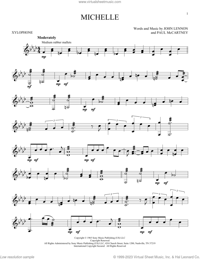 Michelle sheet music for Xylophone Solo (xilofone, xilofono, silofono) by The Beatles, John Lennon and Paul McCartney, intermediate skill level