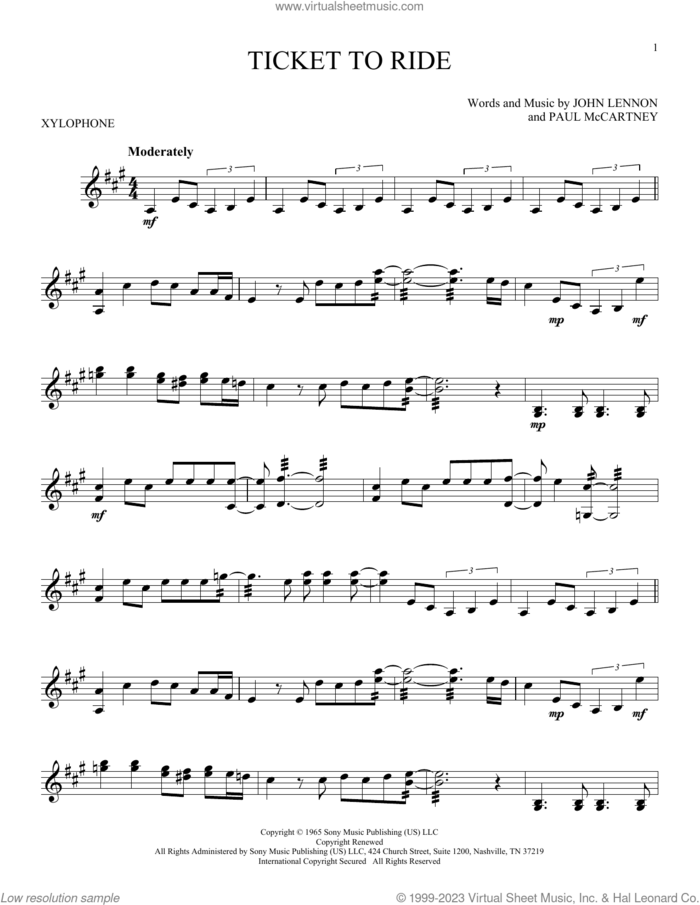 Ticket To Ride sheet music for Xylophone Solo (xilofone, xilofono, silofono) by The Beatles, John Lennon and Paul McCartney, intermediate skill level