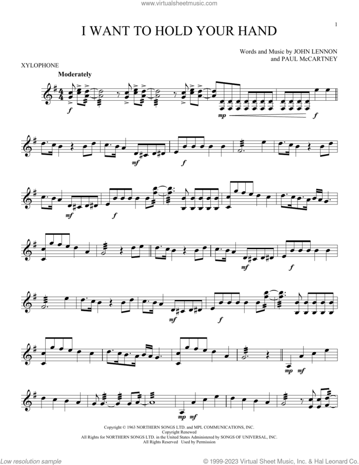 I Want To Hold Your Hand sheet music for Xylophone Solo (xilofone, xilofono, silofono) by The Beatles, John Lennon and Paul McCartney, intermediate skill level
