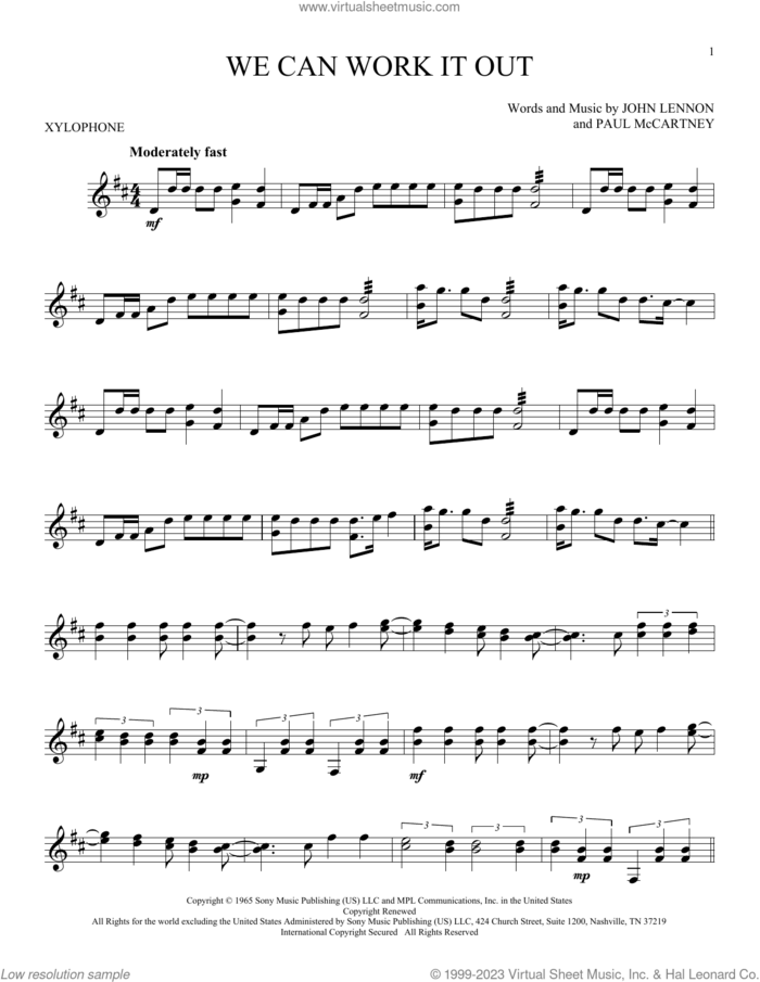 We Can Work It Out sheet music for Xylophone Solo (xilofone, xilofono, silofono) by The Beatles, John Lennon and Paul McCartney, intermediate skill level