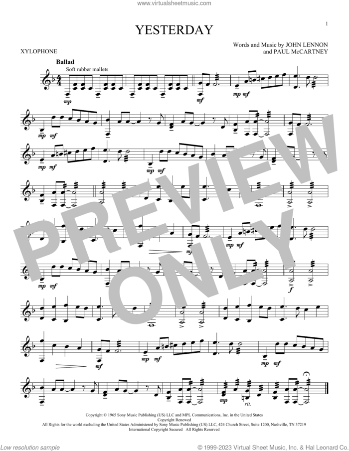 Yesterday sheet music for Xylophone Solo (xilofone, xilofono, silofono) by The Beatles, John Lennon and Paul McCartney, intermediate skill level