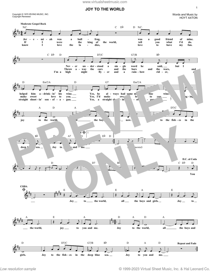 Joy To The World sheet music for voice and other instruments (fake book) by Three Dog Night and Hoyt Axton, intermediate skill level