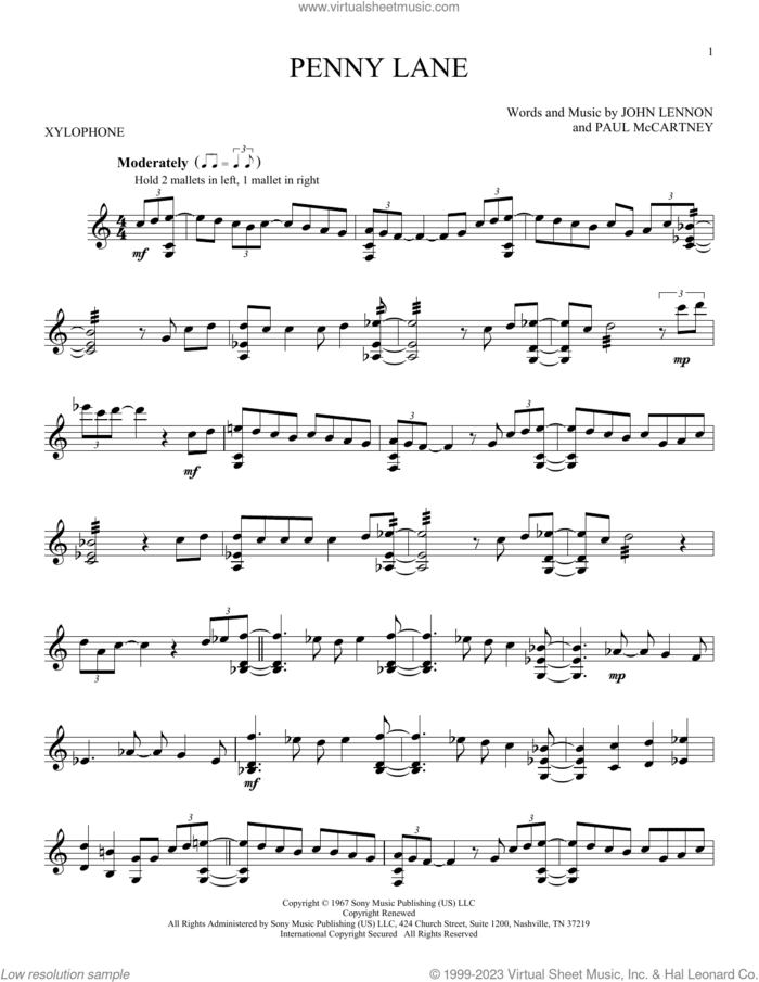 Penny Lane sheet music for Xylophone Solo (xilofone, xilofono, silofono) by The Beatles, John Lennon and Paul McCartney, intermediate skill level