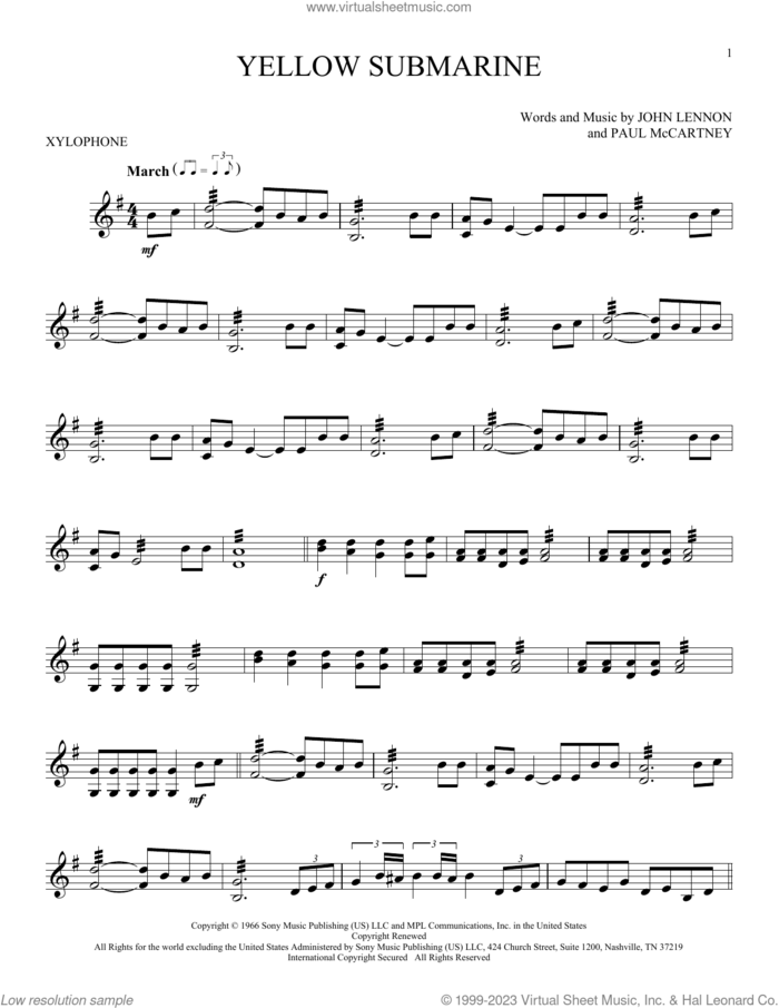 Yellow Submarine sheet music for Xylophone Solo (xilofone, xilofono, silofono) by The Beatles, John Lennon and Paul McCartney, intermediate skill level