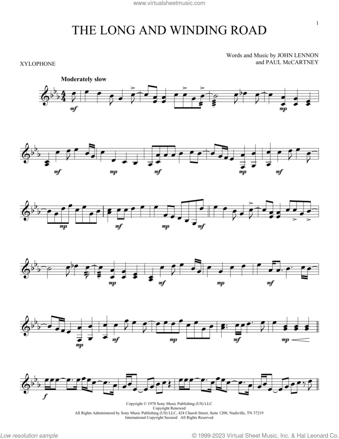 The Long And Winding Road sheet music for Xylophone Solo (xilofone, xilofono, silofono) by The Beatles, John Lennon and Paul McCartney, intermediate skill level