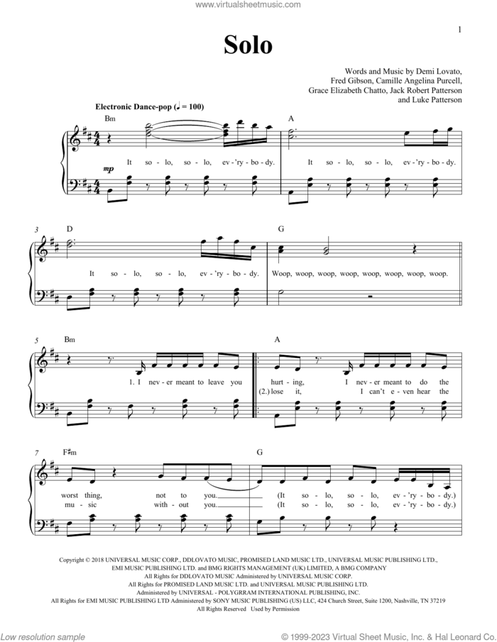Solo (feat. Demi Lovato) sheet music for piano solo by Clean Bandit, Camille Angelina Purcell, Demi Lovato, Fred Gibson, Grace Elizabeth Chatto, Jack Robert Patterson and Luke Patterson, easy skill level