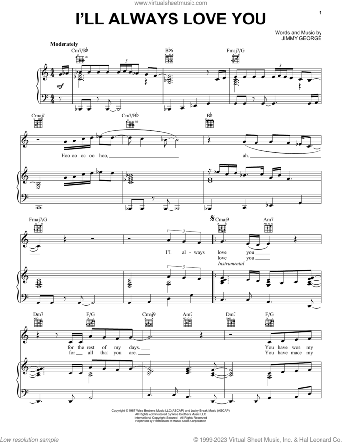 I'll Always Love You sheet music for voice, piano or guitar by Taylor Dayne and Jimmy George, intermediate skill level