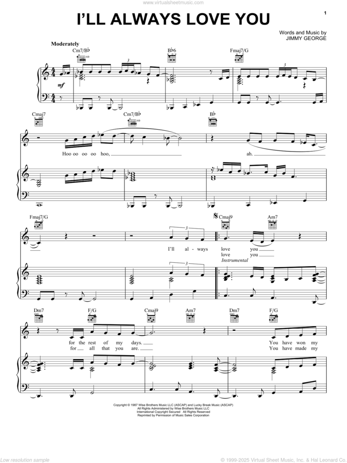 I'll Always Love You sheet music for voice, piano or guitar by Taylor Dayne and Jimmy George, intermediate skill level