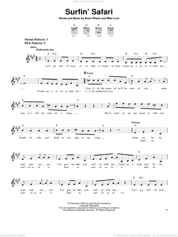 Surfin' Safari sheet music for guitar solo (chords) by The Beach Boys, Brian Wilson and Mike Love, easy guitar (chords)