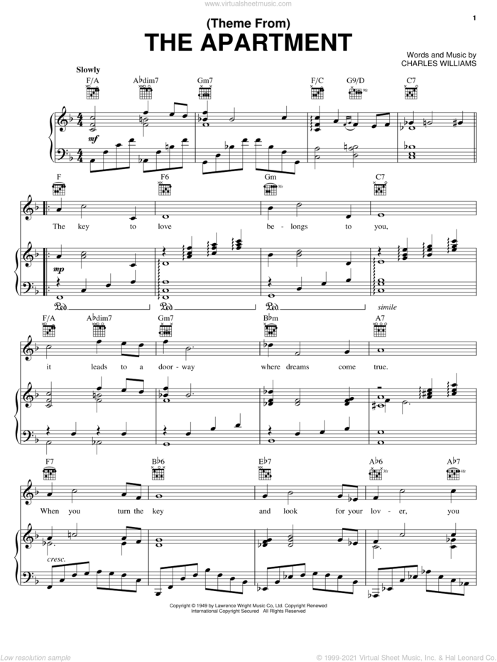 (Theme From) The Apartment sheet music for voice, piano or guitar by Ferrante & Teicher and Charles Williams, intermediate skill level