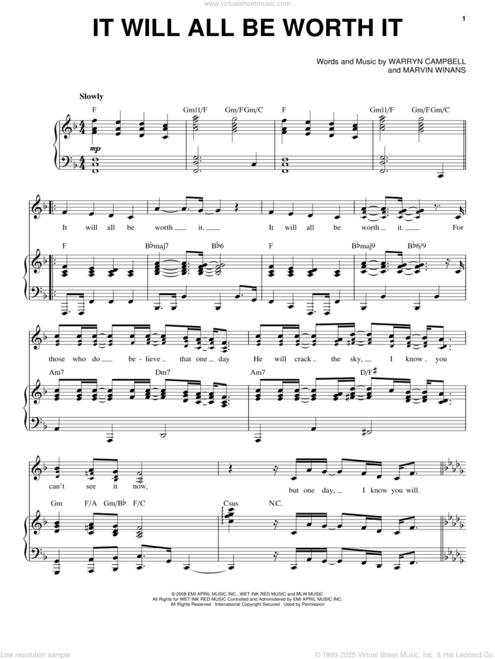 It Will All Be Worth It sheet music for voice, piano or guitar by Mary Mary, Marvin Winans and Warryn Campbell, intermediate skill level