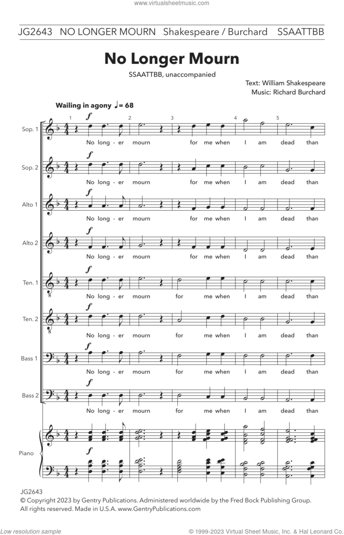 No Longer Mourn sheet music for choir (SATB Divisi) by Richard Burchard and William Shakespeare, intermediate skill level