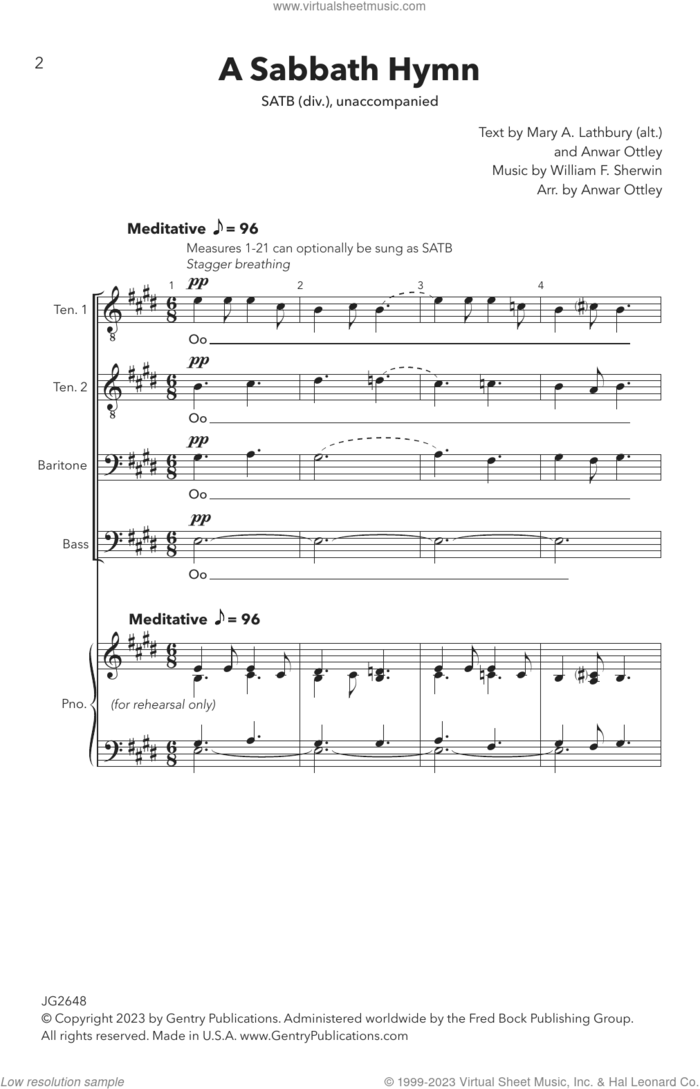 A Sabbath Hymn (arr. Anwar Ottley) sheet music for choir (SATB Divisi) by William Sherwin, Anwar Ottley and Mary Artemesia Lathbury, intermediate skill level