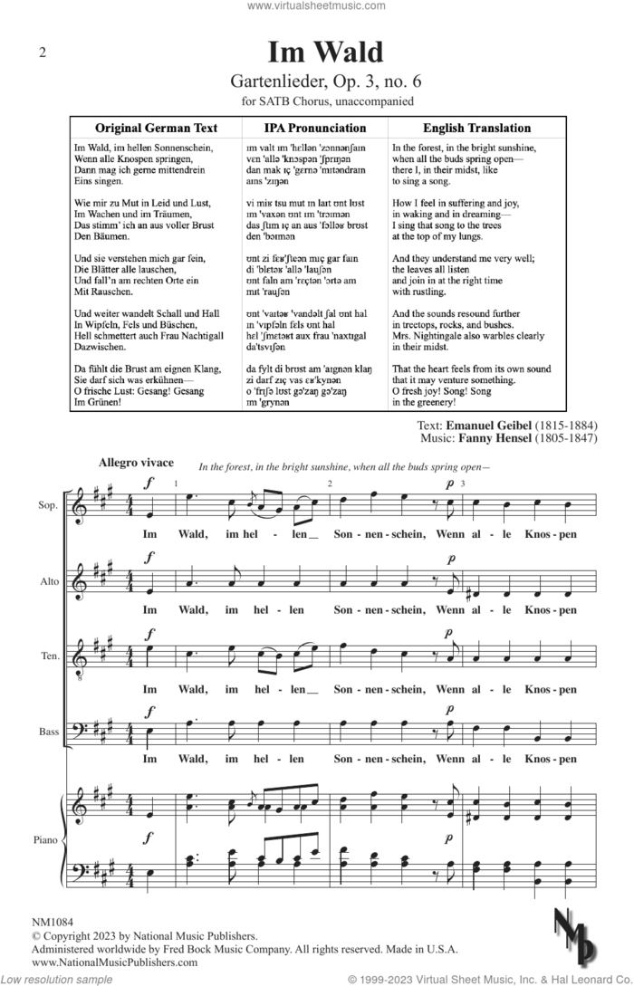 Im Wald (Gartenlieder, Op. 3, no. 6) sheet music for choir (SATB: soprano, alto, tenor, bass) by Fanny Hensel and Emanuel Geibel, classical score, intermediate skill level