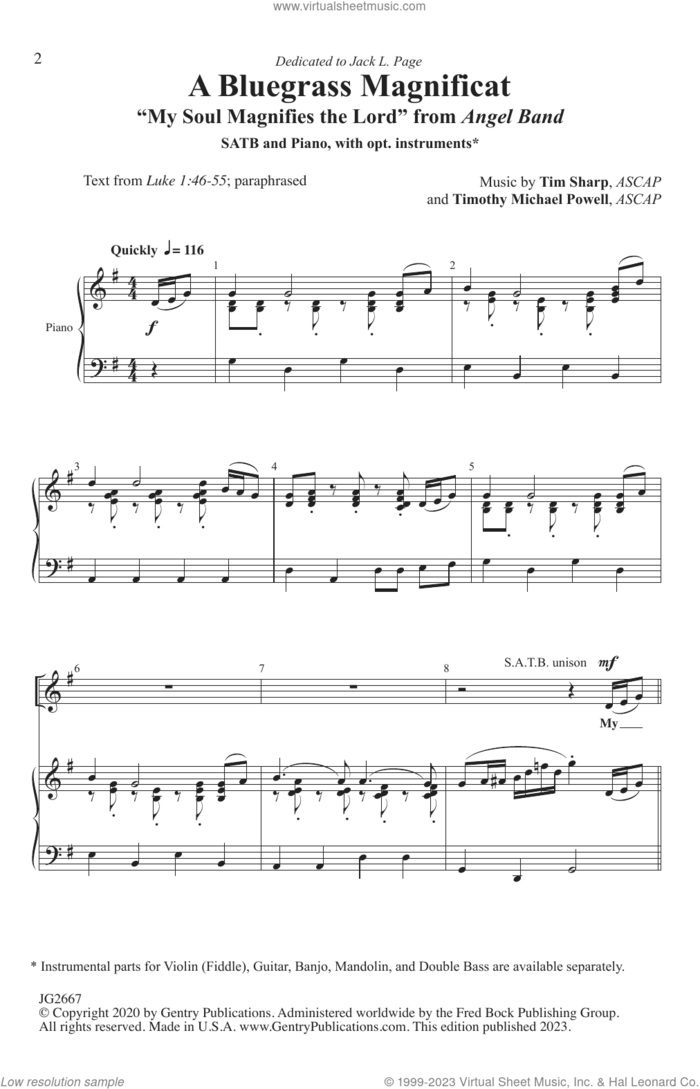 A Bluegrass Magnificat sheet music for choir (SATB: soprano, alto, tenor, bass) by Tim Sharp and Timothy Michael Powell, Michael Powell and Tim Sharp, intermediate skill level