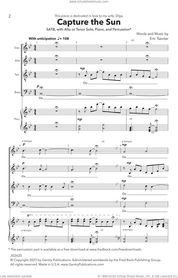 Capture The Sun sheet music for choir (SATB: soprano, alto, tenor, bass) by Eric Tsavdar, intermediate skill level