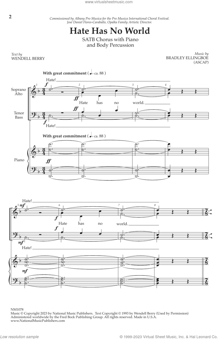 Hate Has No World sheet music for choir (SATB: soprano, alto, tenor, bass) by Bradley Ellingboe and Wendell Berry, intermediate skill level