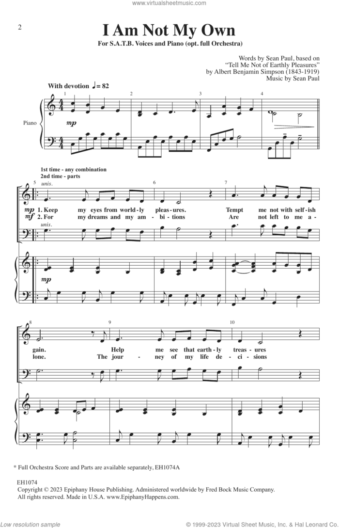 I Am Not My Own sheet music for choir (SATB: soprano, alto, tenor, bass) by Sean Paul, intermediate skill level