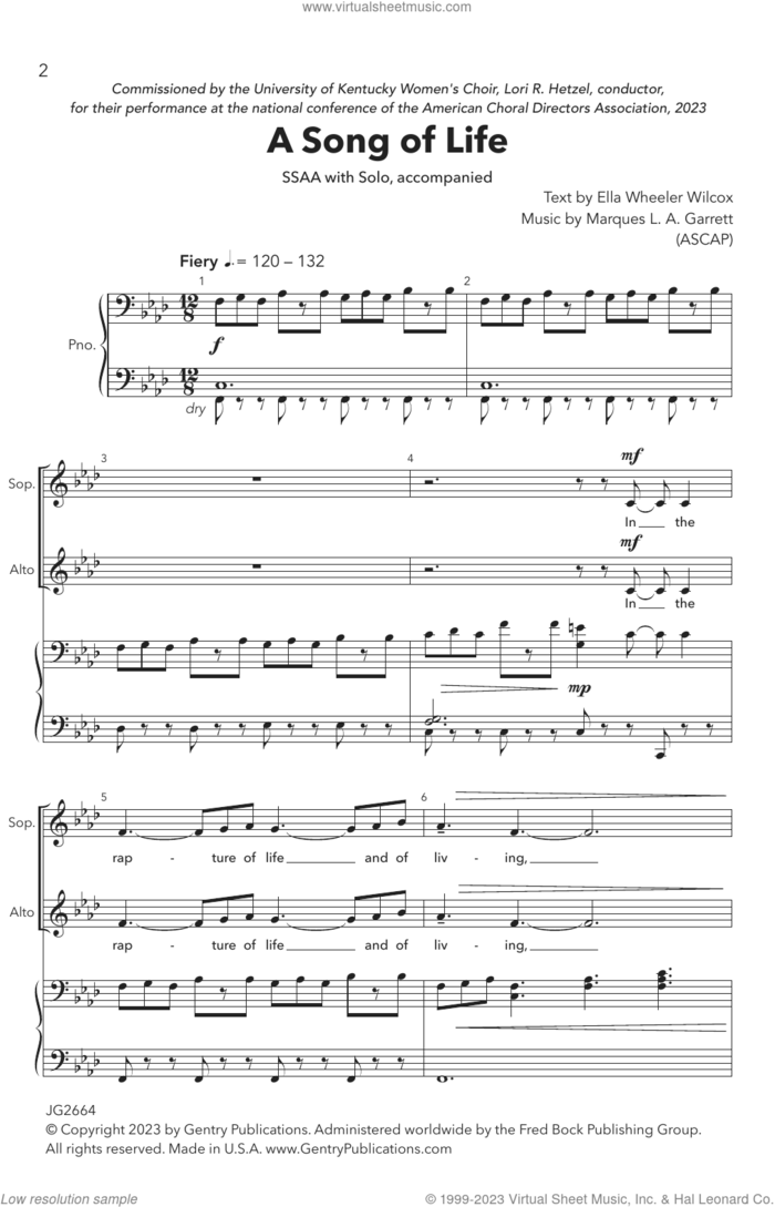 A Song of Life sheet music for choir (SSAA: soprano, alto) by Marques L.A. Garrett and Ella Wheeler Wilcox, intermediate skill level