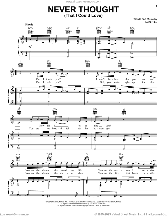 Never Thought (That I Could Love) sheet music for voice, piano or guitar by Dan Hill, intermediate skill level