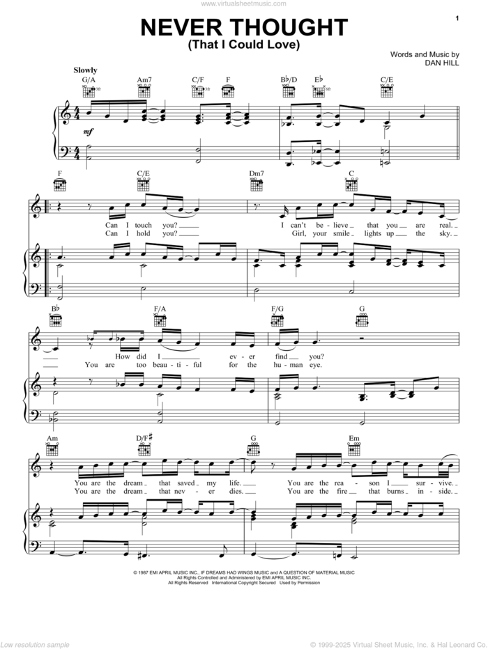 Never Thought (That I Could Love) sheet music for voice, piano or guitar by Dan Hill, intermediate skill level