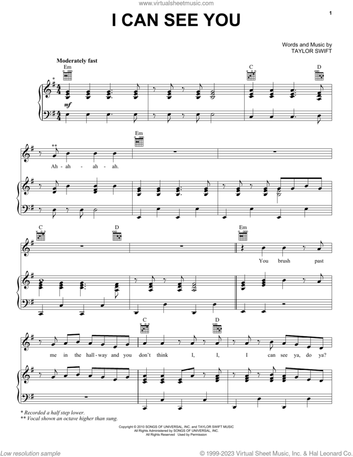 I Can See You (Taylor's Version) (From The Vault) sheet music for voice, piano or guitar by Taylor Swift, intermediate skill level