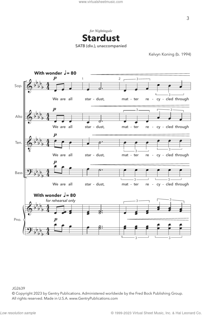 Stardust sheet music for choir (SATB: soprano, alto, tenor, bass) by Kelvyn Koning, intermediate skill level