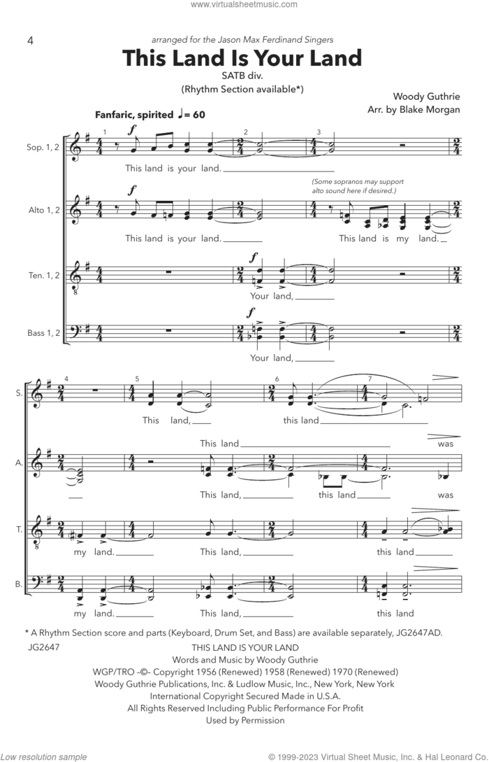 This Land Is Your Land (arr. Blake Morgan) sheet music for choir (SATB Divisi) by Woody Guthrie and Blake Morgan, intermediate skill level