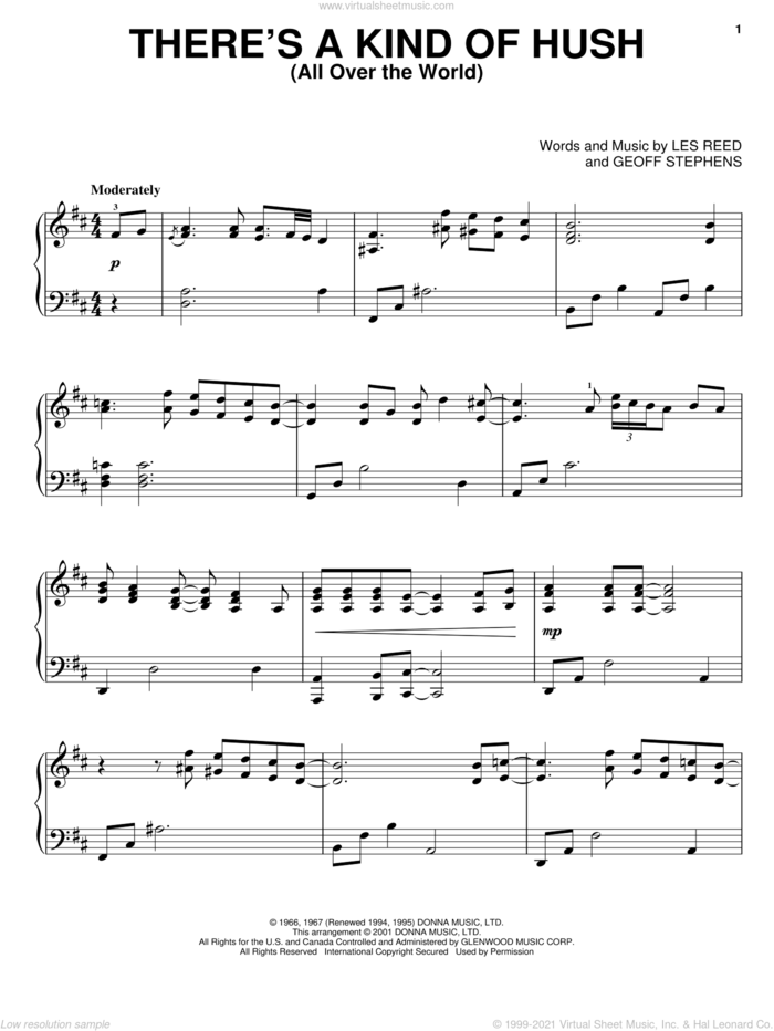 There's A Kind Of Hush (All Over The World) sheet music for piano solo by Carpenters, Geoff Stephens and Les Reed, intermediate skill level