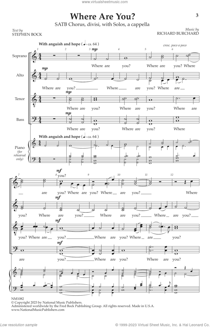 Where Are You? sheet music for choir (SATB Divisi) by Richard Burchard and Stephen Bock, intermediate skill level