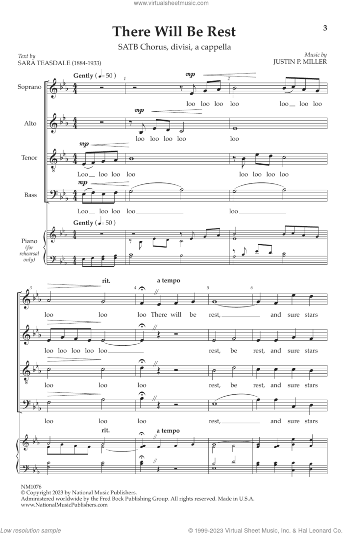 There Will Be Rest sheet music for choir (SATB Divisi) by Justin Miller and Sara Teasdale, intermediate skill level