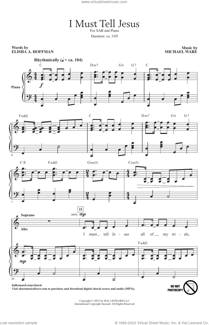 I Must Tell Jesus sheet music for choir (SAB: soprano, alto, bass) by Michael Ware and Elisha A. Hoffman, intermediate skill level