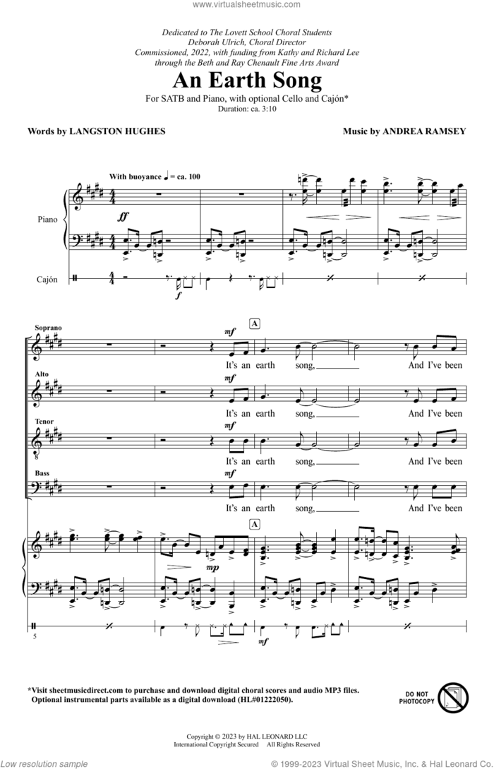 An Earth Song sheet music for choir (SATB: soprano, alto, tenor, bass) by Andrea Ramsey, intermediate skill level