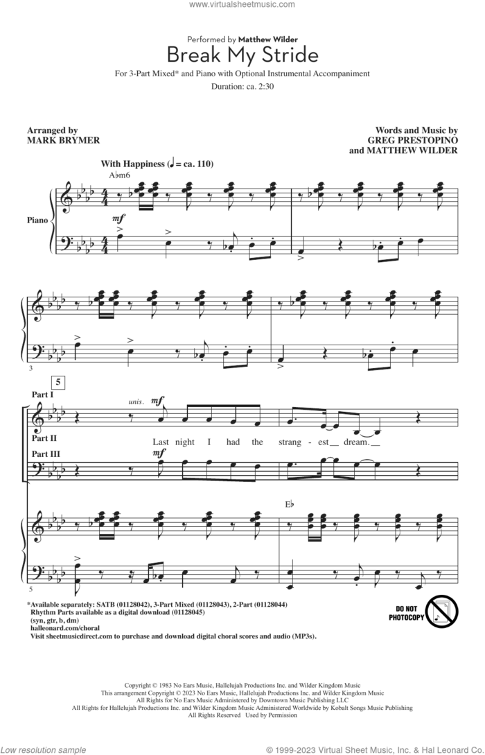 Break My Stride (arr. Mark Brymer) sheet music for choir (3-Part Mixed) by Matthew Wilder, Mark Brymer and Greg Prestopino, intermediate skill level