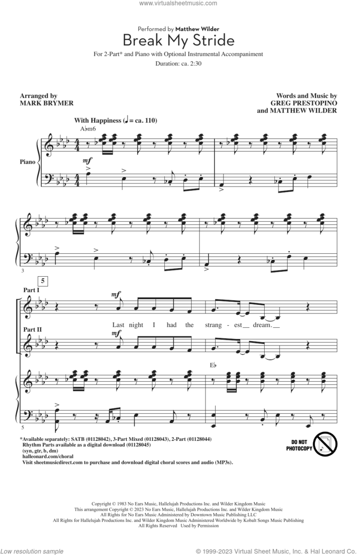 Break My Stride (arr. Mark Brymer) sheet music for choir (2-Part) by Matthew Wilder, Mark Brymer and Greg Prestopino, intermediate duet