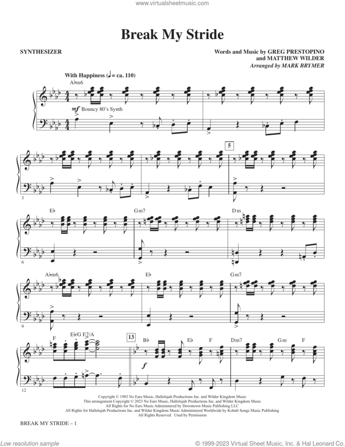 Break My Stride (arr. Mark Brymer) (complete set of parts) sheet music for orchestra/band (Rhythm) by Mark Brymer, Greg Prestopino and Matthew Wilder, intermediate skill level
