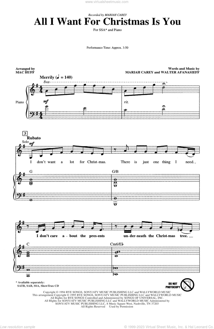 All I Want For Christmas Is You (arr. Mac Huff) sheet music for choir (SSA: soprano, alto) by Mariah Carey, Walter Afanasieff and Mac Huff, intermediate skill level