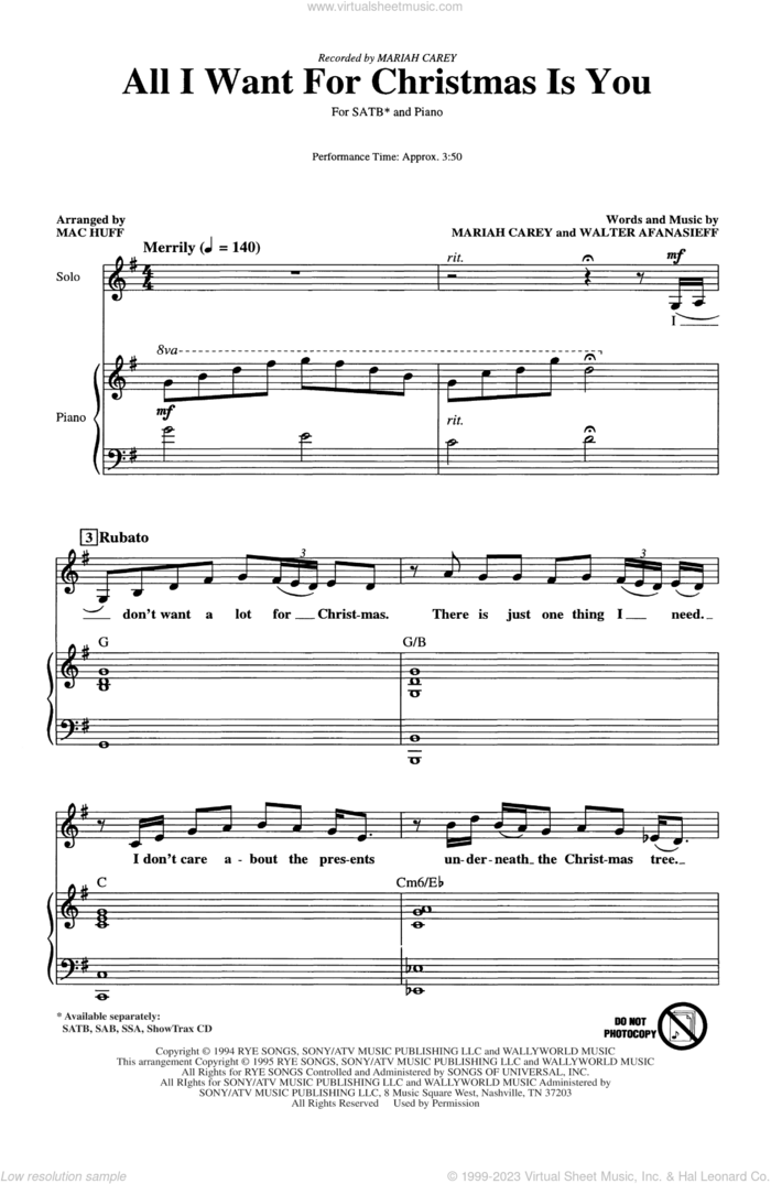 All I Want For Christmas Is You (arr. Mac Huff) sheet music for choir (SATB: soprano, alto, tenor, bass) by Mariah Carey, Walter Afanasieff and Mac Huff, intermediate skill level